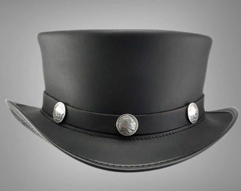 EI Dorado Black Leather Top Hat - Steampunk Gothic Victorian Style - Bufflo Band Leather Top Hat - Biker Hat