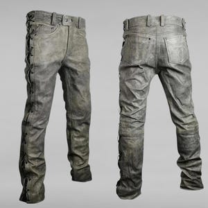 May include: A pair of gray denim jeans with black laces down the sides of the legs.