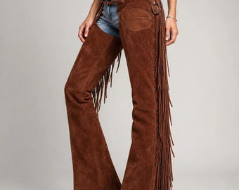 Chaparreras vaqueras de ante para mujer con flecos - Chaparreras vaqueras marrones - Pantalones con flecos para festivales - Chaparreras vaqueras bohemias