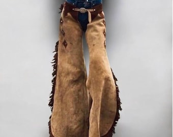 Chaparreras de cuero de gamuza color canela hechas a mano para mujer / Chaparreras de rodeo con flecos estilo western / Equipo de equitación para vaqueras