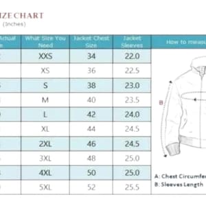 Puede incluir: Una tabla de tallas titulada WOMEN SIZE CHART con medidas en pulgadas. La tabla enumera tama&ntilde;os de pecho de 30 a 50 pulgadas, tallas correspondientes de XXS a 5XL, tama&ntilde;os de pecho de chaqueta y largos de manga. Un dibujo lineal de una chaqueta muestra A para la circunferencia del pecho y B para el largo de la manga.
