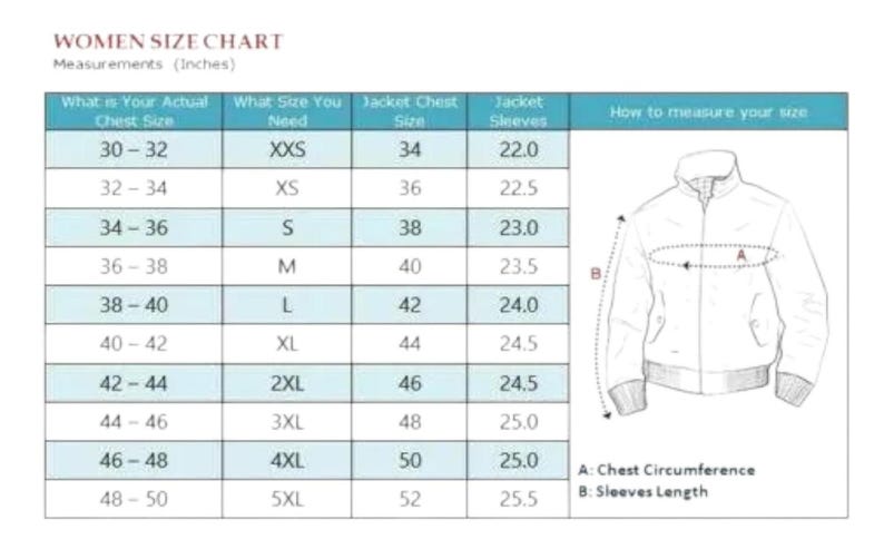 Puede incluir: Una tabla de tallas titulada WOMEN SIZE CHART con medidas en pulgadas. La tabla enumera tama&ntilde;os de pecho de 30 a 50 pulgadas, tallas correspondientes de XXS a 5XL, tama&ntilde;os de pecho de chaqueta y largos de manga. Un dibujo lineal de una chaqueta muestra A para la circunferencia del pecho y B para el largo de la manga.