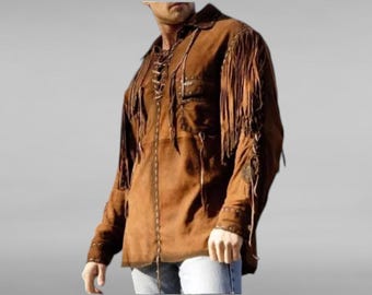 Camisa de cuero de gamuza estilo vaquero nativo americano para hombre con flecos - Chaqueta de cuero de gamuza estilo western, estilo vintage tradicional