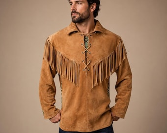 Camisa vaquera de ante para hombre, camisa vaquera con flecos, camisa de cuero con flecos, camisa vaquera de rodeo.