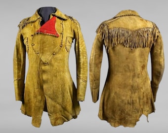 May include: A tan leather jacket with fringe detailing on the back and a red and black trim on the collar.