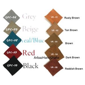 Puede incluir: Una carta de colores con diez muestras de cuero en forma de diamante dispuestas en dos columnas. La columna izquierda incluye gris, beige, azul verdoso, rojo y negro etiquetados GDC-06 a GDC-10. La derecha muestra marr&oacute;n &oacute;xido, marr&oacute;n claro, marr&oacute;n, marr&oacute;n oscuro y marr&oacute;n rojizo etiquetados VR-01 a VR-05.