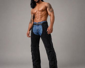 Chaparreras de cuero de gamuza negra para hombre, chaparreras de moto con flecos, chaparreras de equitación estilo western hechas a mano.