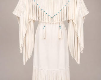 Women Native Inspired Fringe Dress | Buckskin Ceremonial Maxi | Powwow Regalia | Turquoise Bead