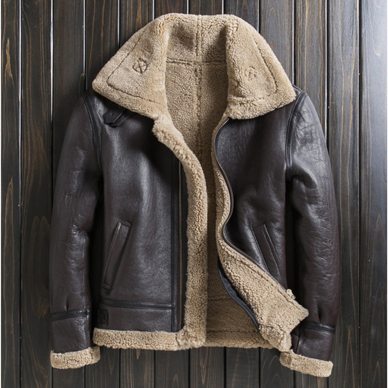 A1 FASHION GOODS Herren Echtes Schaffell Fliegende Jacke Braun Antik X