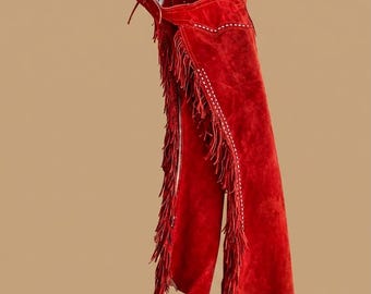 Chaparreras vaqueras de gamuza roja, chaparreras vaqueras con flecos, chaparreras de cuero para mujer.