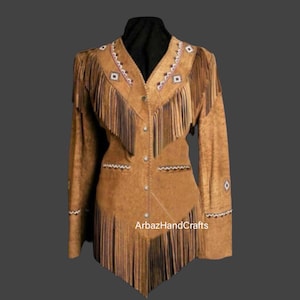 Womens Western Style Native Women Suede Leather Jacket With Fringes, Women Suede Leather Fringed Coat, Women Western Native Beaded Jacket