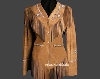 Chaqueta de piel de ante con flecos para mujer, estilo occidental, estilo nativo, abrigo de piel de ante con flecos para mujer, chaqueta de piel de ante con flecos para mujer, estilo occidental, estilo nativo, chaqueta con cuentas para mujer