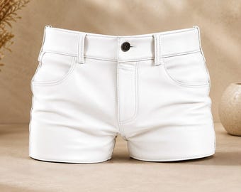 Pantalones cortos de cuero blanco para hombre, pantalones cortos de cuero auténtico, mini pantalones cortos de cuero de cintura alta, pantalones cortos de moda hechos a mano, talla personalizada.