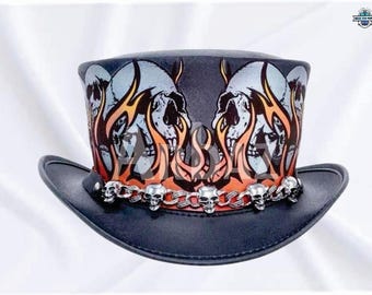 EI Dorado Handmade Leather Top Hat - Steampunk Gothic Victorian Style - Skull Band Printed Leather Top Hat - Biker Hat