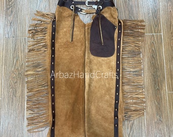 Handmade Native Western Cowboy Style Leather Chap Fringes Suede Leather ...