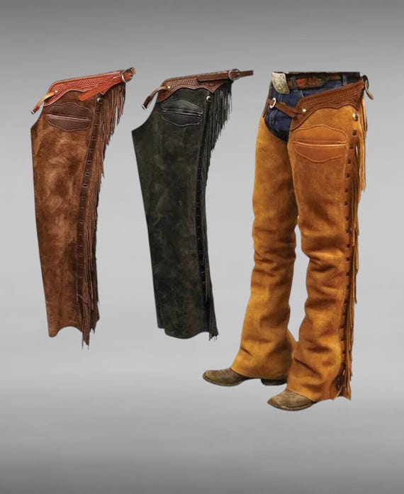 Chaps Western En Cuir Homme - Franges - Daim équitation Rodéo - Neuf, Fait Main Pakistan