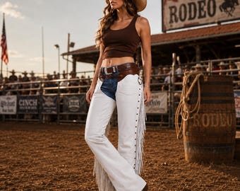 Chaparrera vaquera western con flecos de gamuza 100 % genuina para mujer - Chaparrera de cuero de gamuza para montar - Chaparrera de cuero para rodeo - Pantalón de cuero