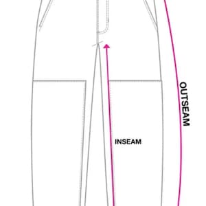 May include: Diagram showing how to measure the waist, inseam, outseam, and leg opening of pants. The diagram shows a pair of pants with a straight leg.