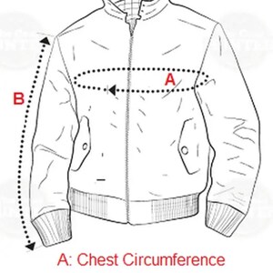 Puede incluir: Un dibujo lineal en blanco y negro de una chaqueta con cuello alzado, cremallera frontal, pu&ntilde;os acanalados y dobladillo acanalado. Las l&iacute;neas punteadas indican las medidas A para la circunferencia del pecho y B para la longitud de la manga.