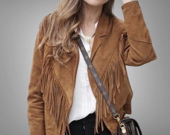 Brun mockajacka med fransar | Western kappa med fransar för kvinnor | Beskuren mockajacka | Boho cowgirljacka