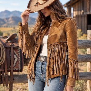 Puede incluir: Una chaqueta de ante color canela con largos flecos en las mangas y la parte delantera, una gran estrella aplicada en el pecho y una hilera de pequeñas cuentas multicolores en la parte central. La chaqueta se lleva sobre un top blanco y vaqueros azules.