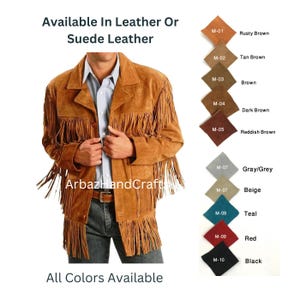 May include: A brown suede leather jacket with fringe detailing. The jacket is available in a variety of colours, including rusty brown, tan brown, brown, dark brown, reddish brown, grey/grey, beige, teal, red, and black.