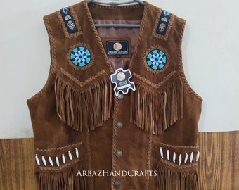 Men Western Cowboy Style Beaded Suede Leather Vest With