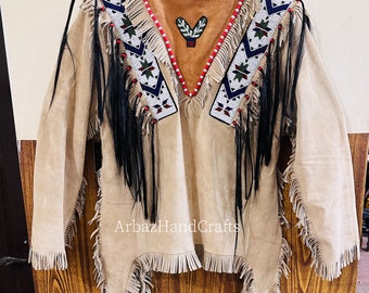 Chaqueta india de cuero de ante nativo americano estilo sioux occidental para hombre Camisa de guerra sioux con cuentas y flecos para hombre
