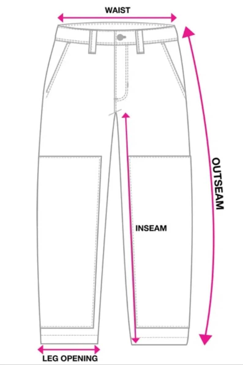 May include: Diagram showing how to measure the waist, inseam, outseam, and leg opening of pants. The diagram shows a pair of pants with a straight leg.