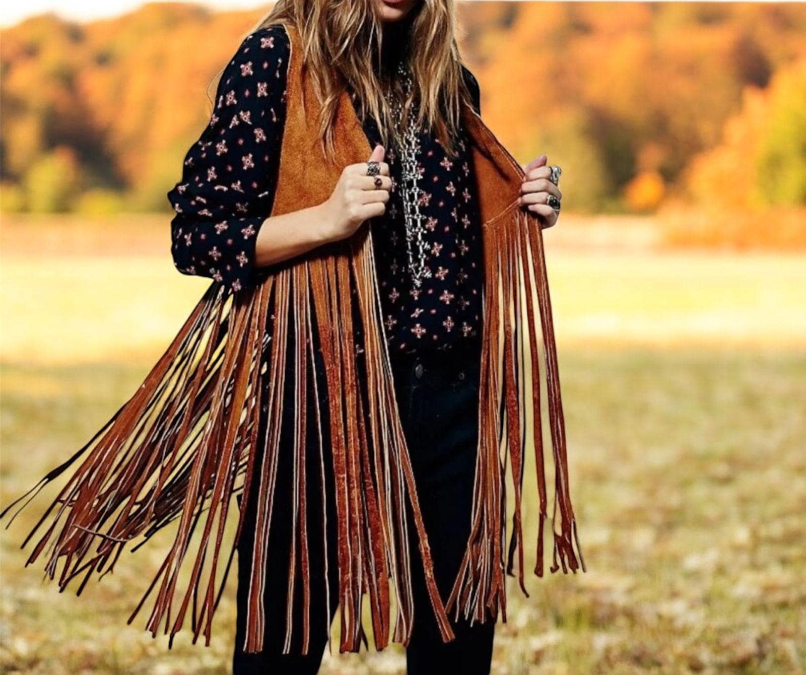 Women Western Wear Cowgirl Suede Leather Vest Long Fringes
