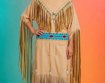 Vestido de gamuza con flecos de inspiración nativa hecho a mano para mujer / Vestido ceremonial Powwow con cuentas / Vestido de baile de cuero personalizado / Conjunto de flecos estilo western