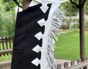 Chaparreras de cuero 100% genuino para mujer, estilo western nativo americano, con flecos, chaparreras de cuero para montar, pantalón de cuero para mujer.