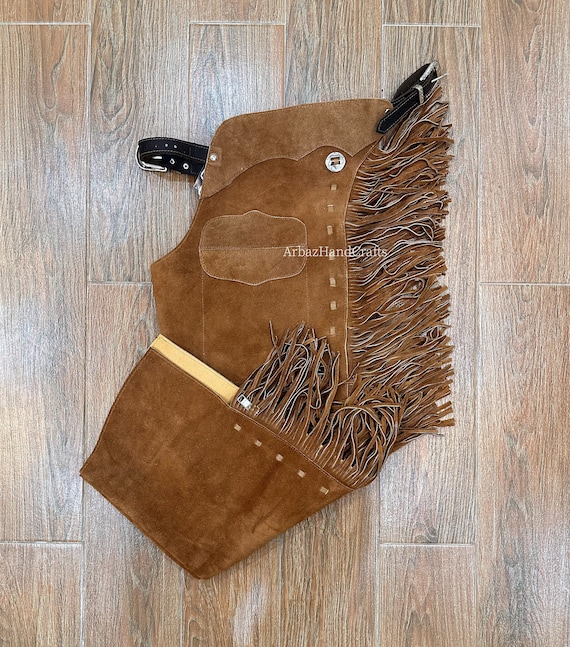 Native American Handmade Western Cowboy Suede Leather Chap Fringes Suede Leather Pant Suede Leather Chap Riding Chaps