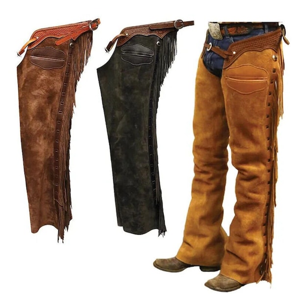 Handmade Western Style Cowboy Chap Fringes Suede Leather Pant Suede Leather Chap Riding Chaps