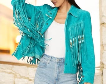 Chaqueta de cuero turquesa con flecos para mujer, chaqueta de gamuza estilo western con cuentas, abrigo de vaquera con flecos, chaqueta bohemia para festivales.