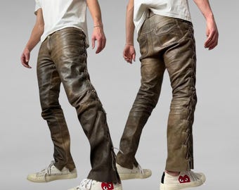Men Western Cowboy Leather Pant Brown Distress Pant Side Laces, Men Leather Pant Riding Pant, Rodeo Leather Pant, Biker's Leather pant