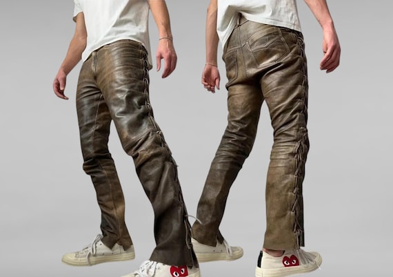Men Western Cowboy Leather Pant Brown Distress Pant Side Laces, Men Leather Pant Riding Pant, Rodeo Leather Pant, Biker's Leather pant
