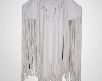 Vestido Powwow de gamuza blanca hecho a mano, túnica de cuero con flecos de inspiración nativa, vestimenta ceremonial de estilo Lakota artesanal
