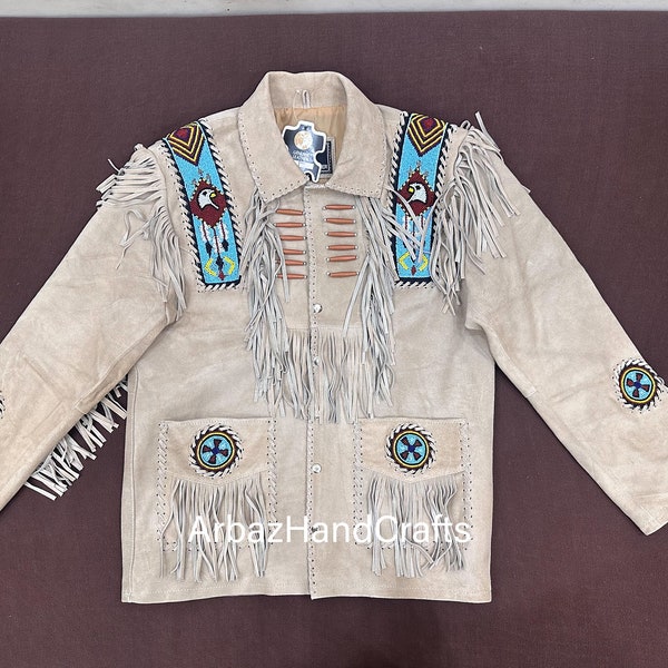 Mens Western Cowboy Style Suede Leather Beaded & Fringed Jacket, Men Suede Leather Coat Fringes, Men Western Style Traditional Jacket