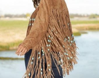 Women's Western Wear Suede Leather Long Fringed Vintage Beaded Jacket Coat - Women Tassel Jacket
