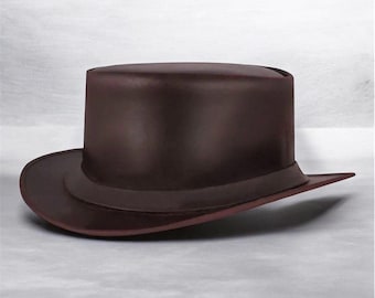 Sombrero de copa de cuero hecho a mano, sombrero de cuero marrón personalizado, fedora de estilo vintage, sombrero de cuero unisex.