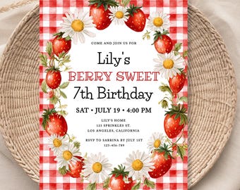 May include: A birthday invitation with a red and white checkered background. The invitation features a strawberry and daisy floral wreath around the text "Lily's BERRY SWEET 7th Birthday". Details include the date, time, and location.