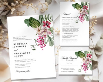 Tropical Wedding Invitation, Floral Tropical Wedding Invite, Orchid Wedding Invitation, Hibiscus Wedding Invitation, Tropical Save the Date