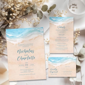 Beach Wedding Invitation Suite, Beach Wedding Invite, Ocean Wedding Invitation, Destination Wedding, Tropical Wedding Invitation, Seaside