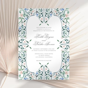 May include: A wedding invitation with a floral border in shades of blue, green, and pink. The text reads "The pleasure of your company is joyfully requested at the wedding of Bratik Gogna and Naisha Sarma Saturday, September 12th 20XX at four o'clock in the afternoon Havana Hall, Coast Hotel 121 Main Avenue Los Angeles, California Reception to follow"