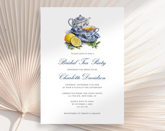 Blue Lemon Bridal Shower Tea Party Invitation Template, Amalfi Lemon Blue Invitation, Bridal Shower Tea Party, Chinoiserie Lemon Invitation
