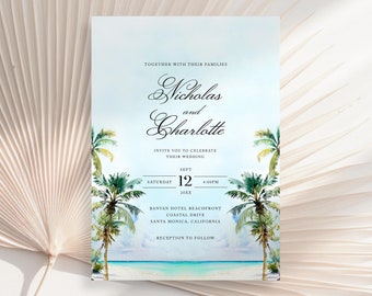 Strandhochzeits-Einladung, Strandhochzeit einladen, Ozean-Hochzeits-Einladung, Bestimmungshochzeit, tropische Hochzeitseinladung, Seehochzeit