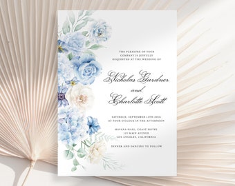 Dusty Blue Wedding Invitation, Dusty Blue Save the Date, Blue Floral Wedding Invitation Template, Baby Blue Light Blue Wedding Invitations
