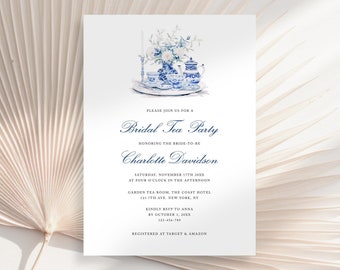 Blue Bridal Shower Tea Party Invitation Template, Bridal Brunch Invitation, Bridal Shower Tea Party, Chinoiserie Ginger Jars Invitation