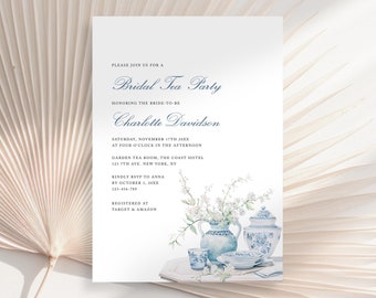 Blue Bridal Shower Tea Party Invitation Template, Bridal Brunch Invitation, Bridal Shower Tea Party, Chinoiserie Ginger Jars Invitation